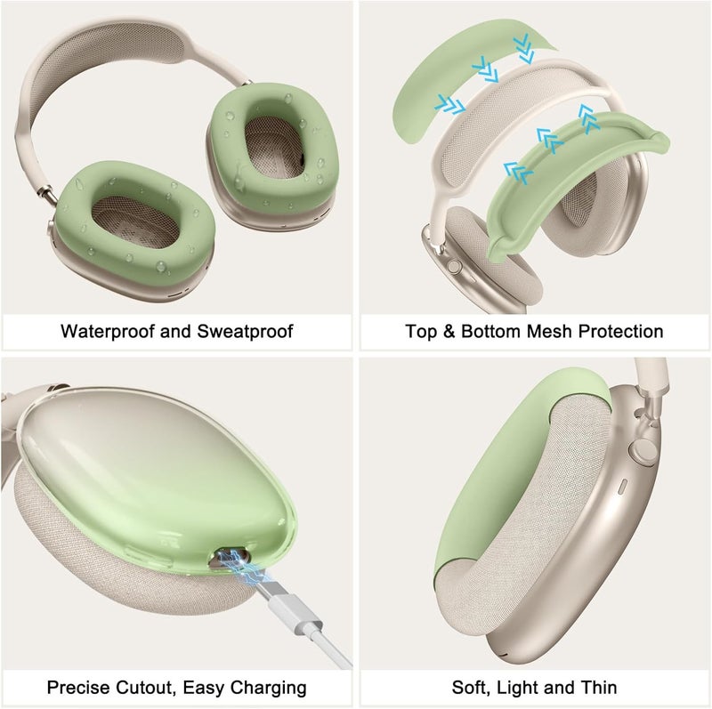 MINDRESY [4 in 1] Silicone Case Cover for AirPods Max, Clear Gradient Soft TPU Ear Cups Cover/Ear Pad Case Cover/Headband Cover Transparent Accessories for Apple AirPods Max (2024/2020)(USB-C/Lightning), Green - Image 5